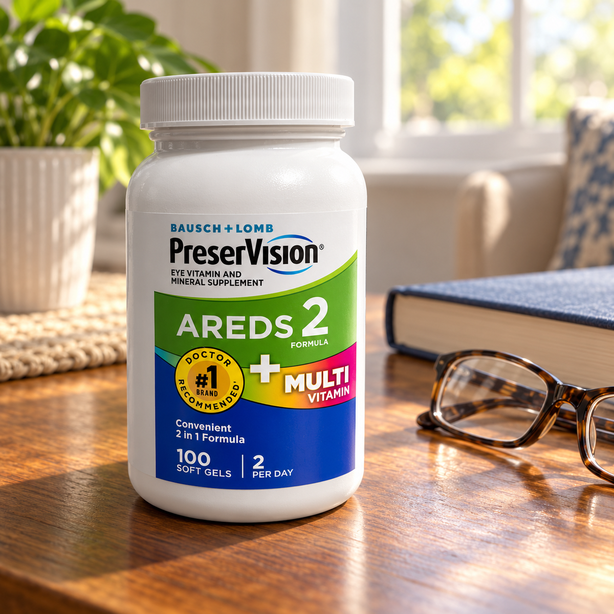 AI-generated illustration of one PreserVision AREDS 2 + Multivitamin 100-softgel bottle on a home reading table beside glasses. Background props are not included.