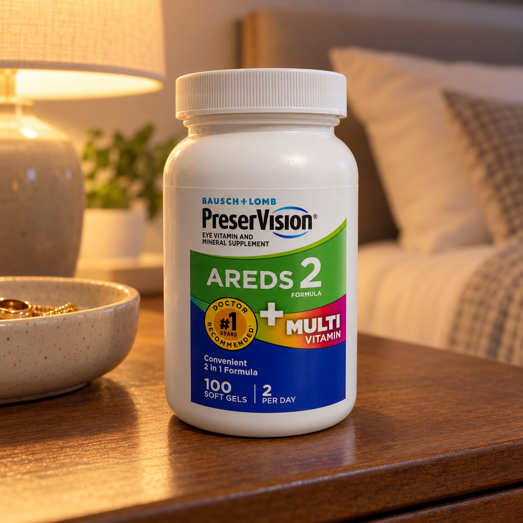 AI-generated illustration of one PreserVision AREDS 2 + Multivitamin 100-softgel bottle on a bedroom dresser beside a catchall. Background props are not included.