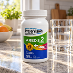 AI-generated illustration of one PreserVision AREDS 2 + Multivitamin 100-softgel bottle on a dry breakfast counter beside a water glass. Background props are not included.