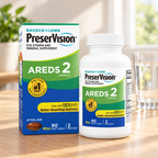 AI-generated illustration of a PreserVision AREDS 2 with OCUSorb 90-count bottle and carton beside a water glass; not the actual stocked unit. Background props are not included.