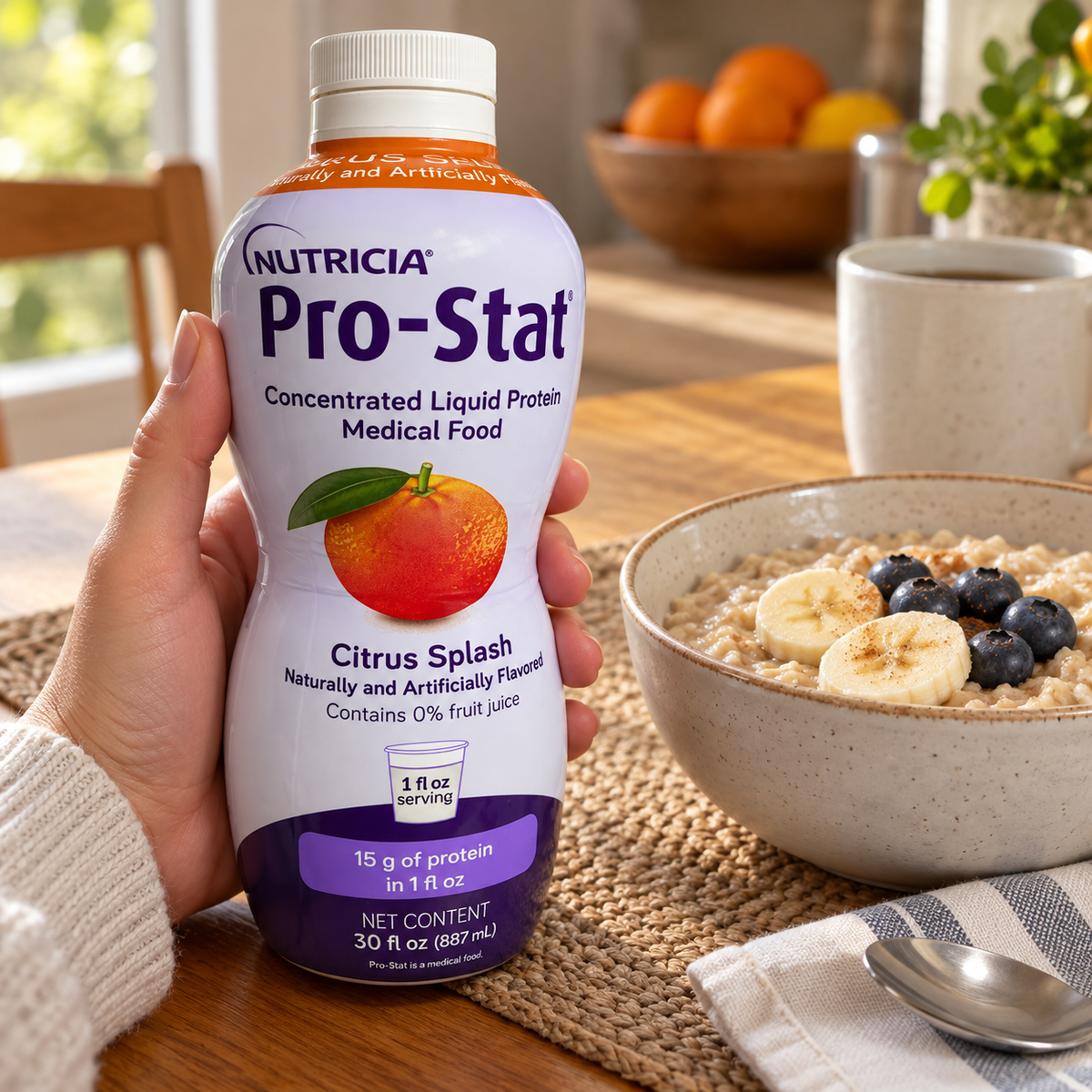An adult holding a capped Pro-Stat Citrus Splash bottle beside a breakfast bowl