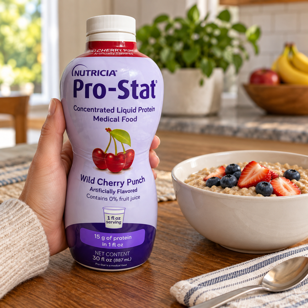 An adult holding a capped Pro-Stat Wild Cherry Punch bottle beside a breakfast bowl