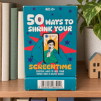 AI-generated lifestyle scene of the closed 50 Ways to Shrink Your Screentime package in a game shelf setting. Props not included.