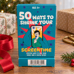 AI-generated lifestyle scene of the closed 50 Ways to Shrink Your Screentime package in a gift table setting. Props not included.