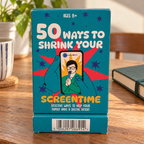 AI-generated lifestyle scene of the closed 50 Ways to Shrink Your Screentime package in a reading table setting. Props not included.