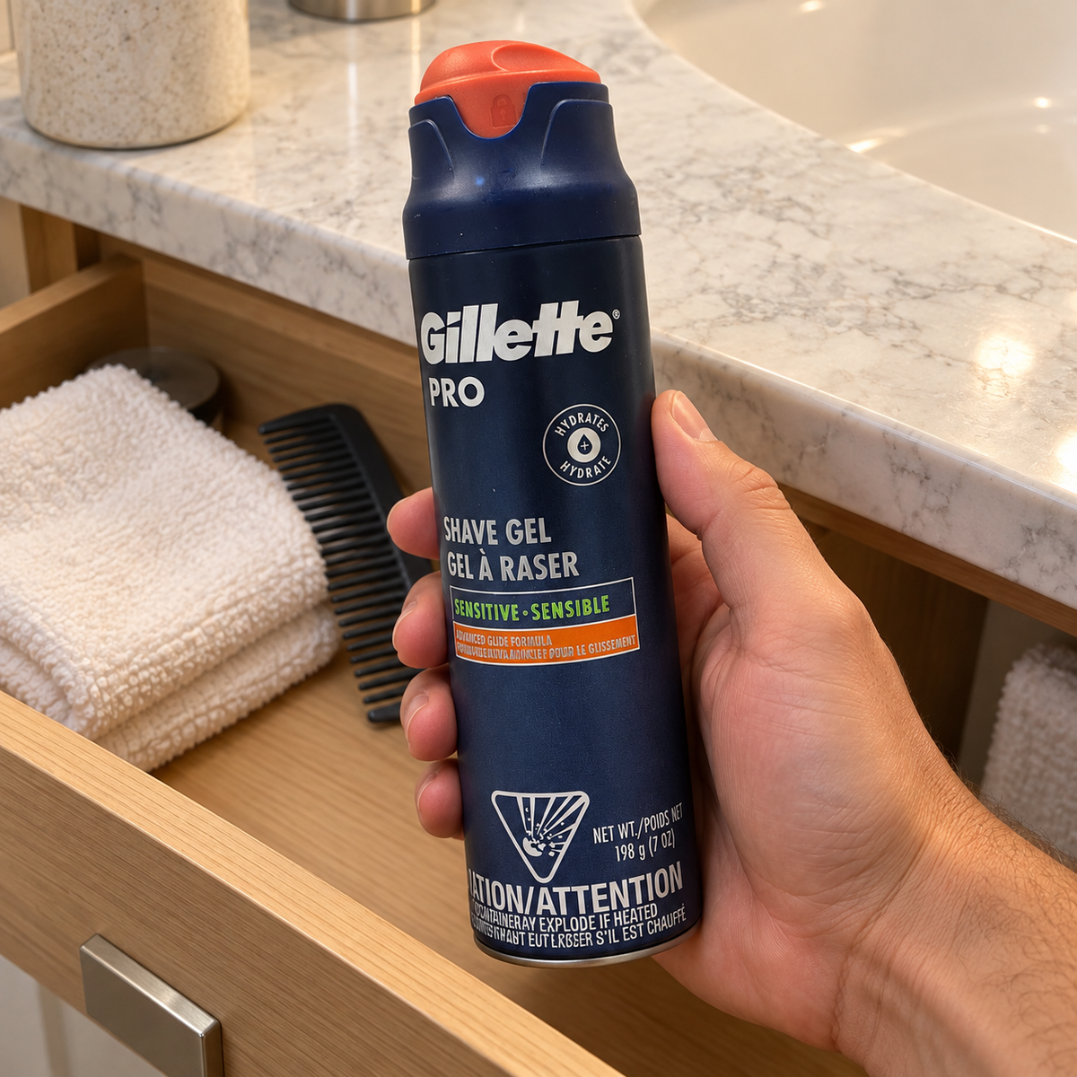 Taking Gillette PRO Sensitive shave gel from a bathroom drawer