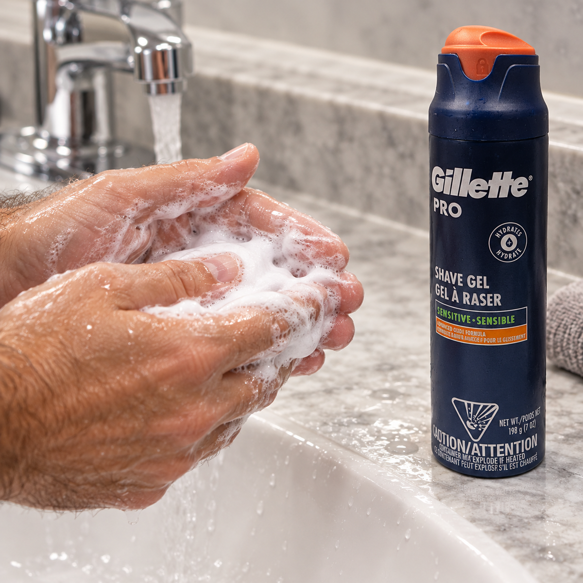 Working Gillette PRO shave gel into lather between wet hands