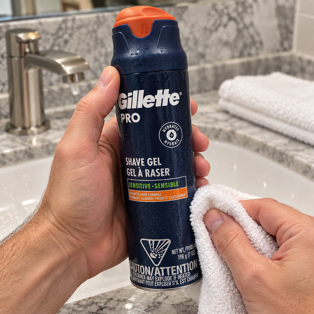 Wiping water from the PRO Sensitive shave gel can with a cloth