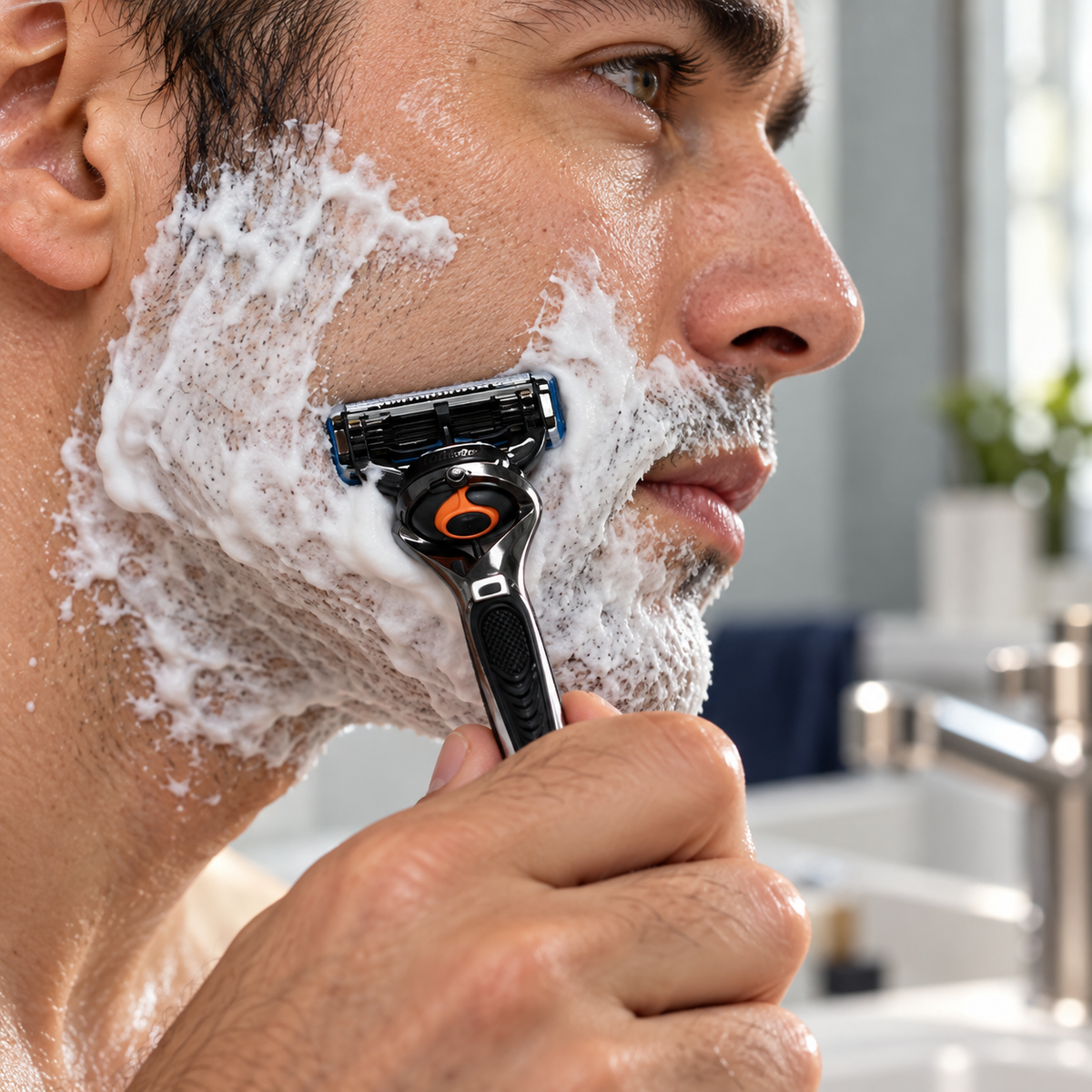 Man using a Gillette ProGlide razor on his cheek during a wet shave