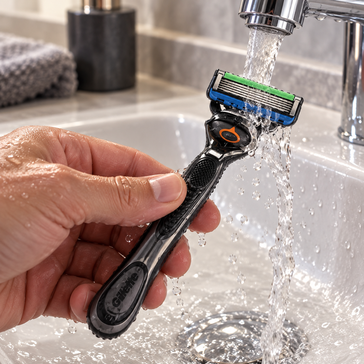 Hand rinsing a Gillette ProGlide cartridge under a bathroom tap