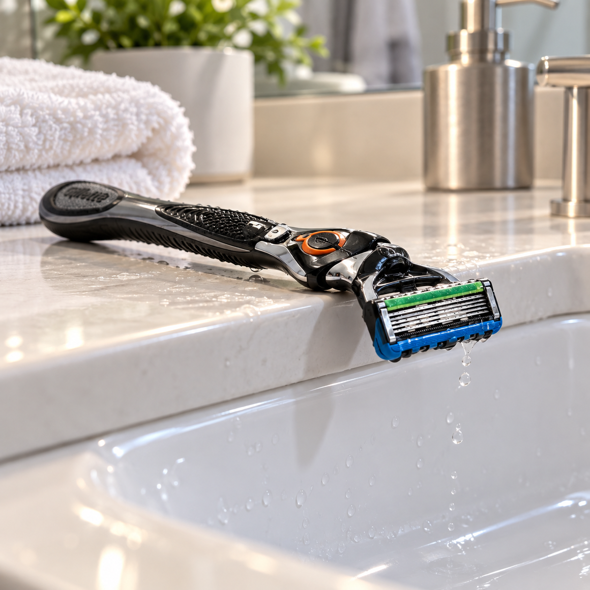 Gillette ProGlide razor resting above a basin to air-dry after rinsing
