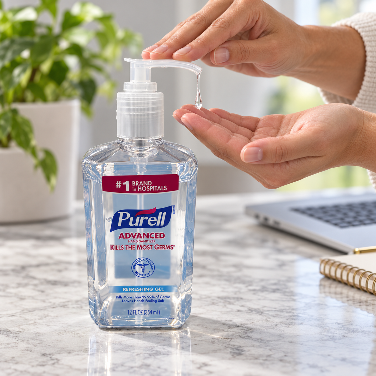 Adult dispensing Purell Advanced Refreshing Gel from an upright 12 fl oz pump bottle into a palm at a desk