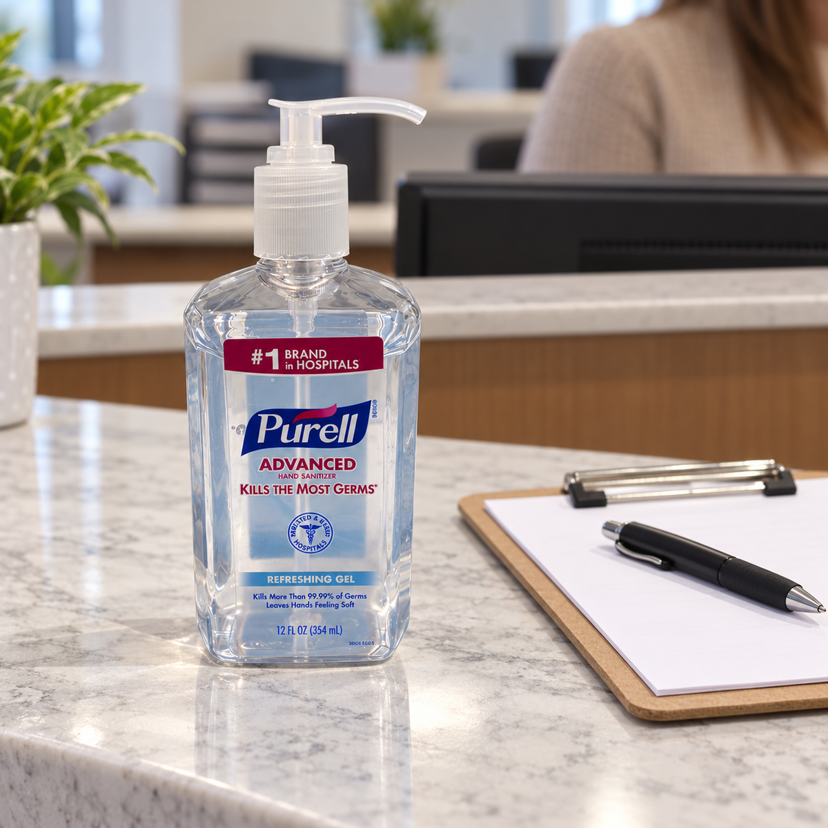 Purell Advanced Refreshing Gel 12 fl oz pump bottle on a reception counter beside a clipboard and pen
