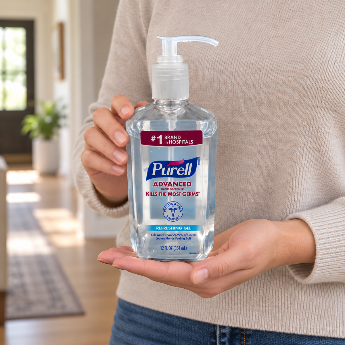 Adult supporting a Purell Advanced Refreshing Gel 12 fl oz pump bottle in their hands to show its size