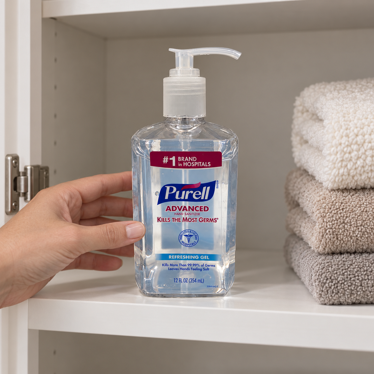 Purell Advanced Refreshing Gel 12 fl oz bottle being placed upright in a linen cabinet beside folded towels