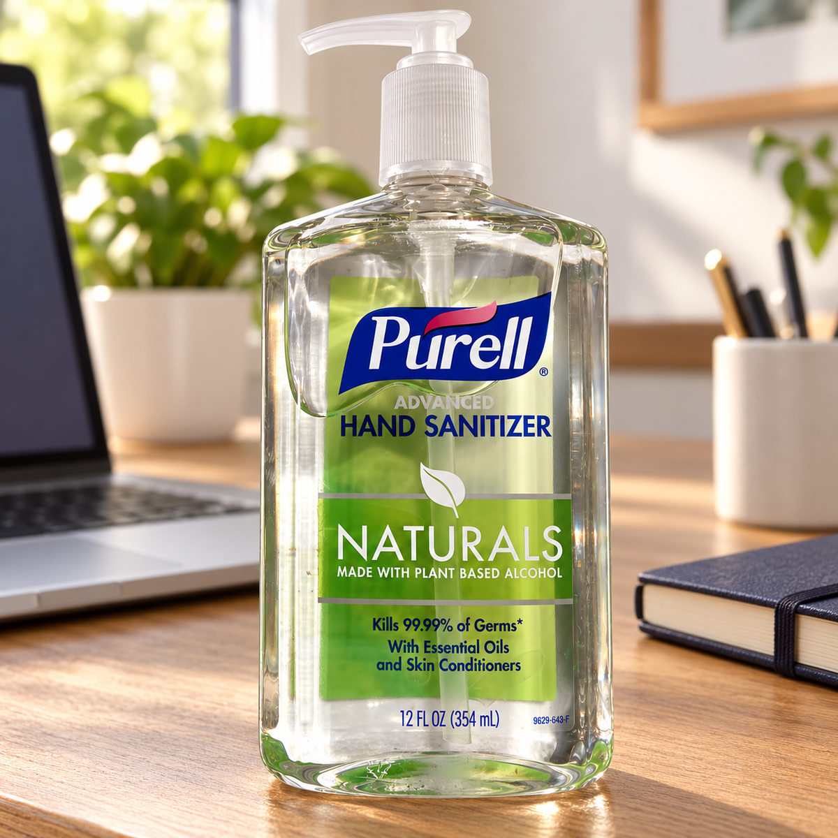 PURELL Naturals 12 fl oz pump bottle, illustrative desk setting; props not included