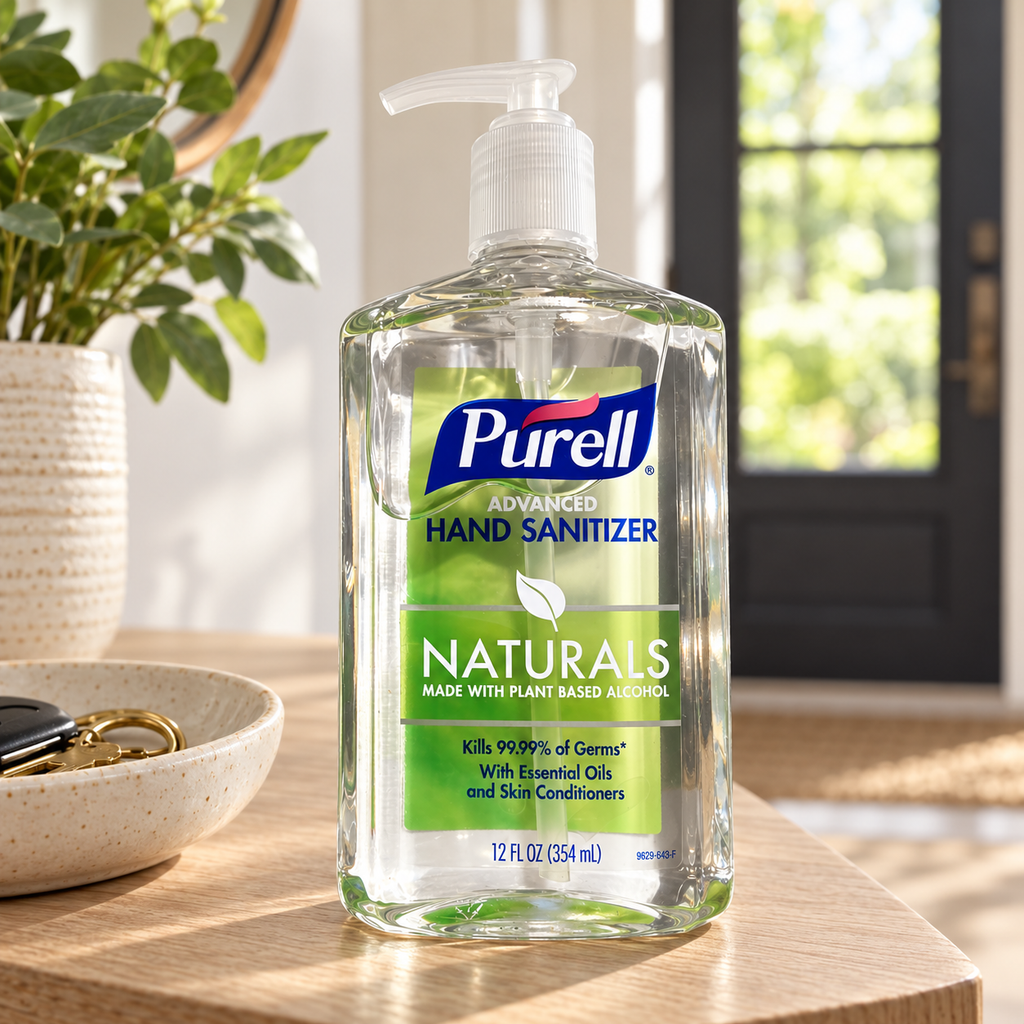 PURELL Naturals 12 fl oz pump bottle, illustrative entryway setting; props not included
