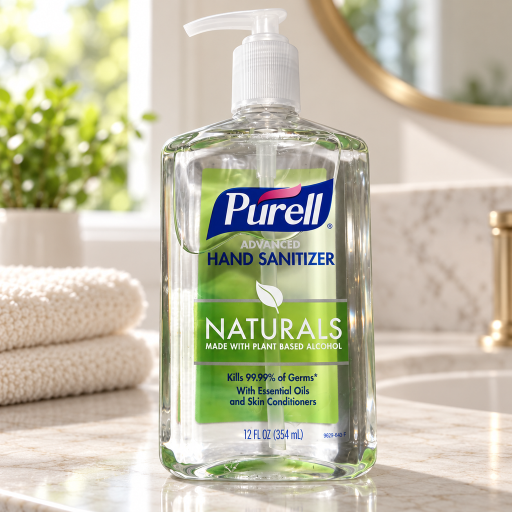PURELL Naturals 12 fl oz pump bottle, illustrative vanity setting; props not included