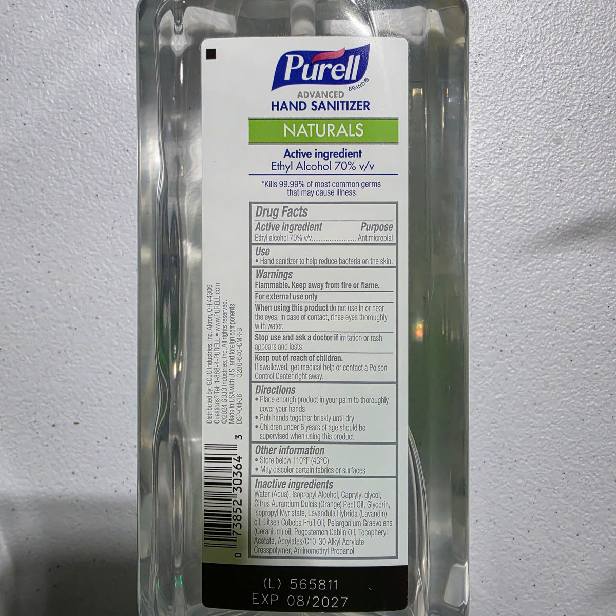 PURELL Naturals Drug Facts and expiration label