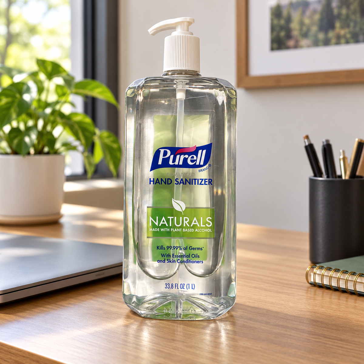 Illustrative setting: PURELL Naturals 1 liter bottle on a desk; props not included