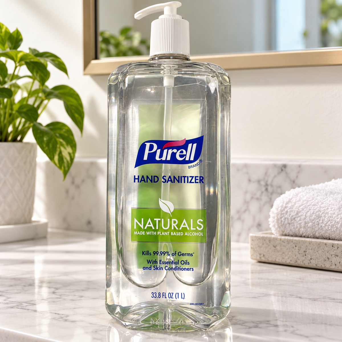Illustrative setting: PURELL Naturals 1 liter bottle on a vanity; props not included
