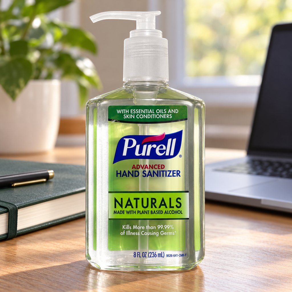 PURELL Naturals 8 fl oz pump bottle, illustrative desk setting; props not included