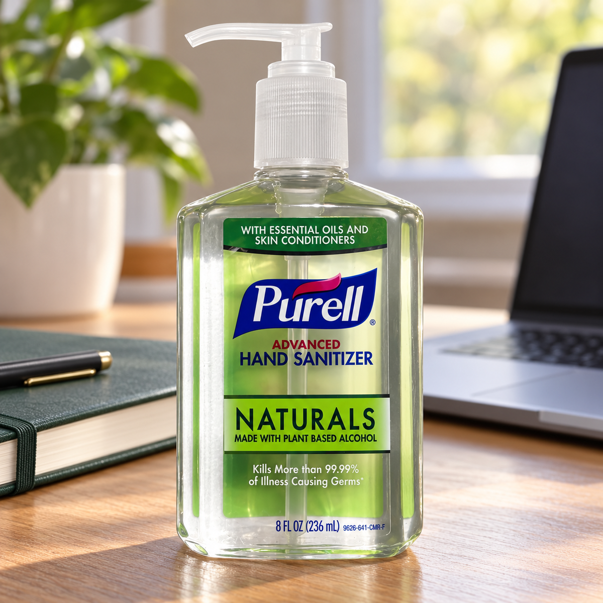 PURELL Naturals 8 fl oz pump bottle, illustrative desk setting; props not included