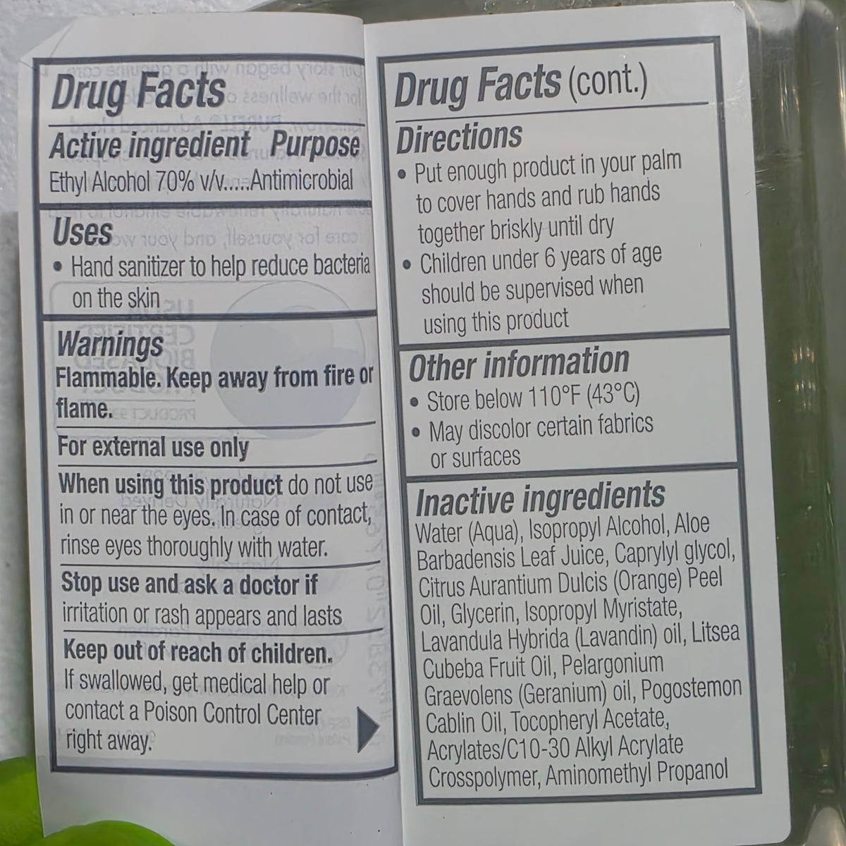 PURELL Naturals 8 fl oz pump bottle, actual owner photo owner-drug-facts