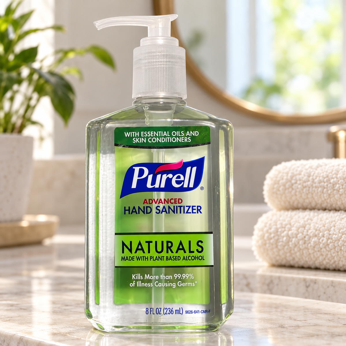 PURELL Naturals 8 fl oz pump bottle, illustrative vanity setting; props not included