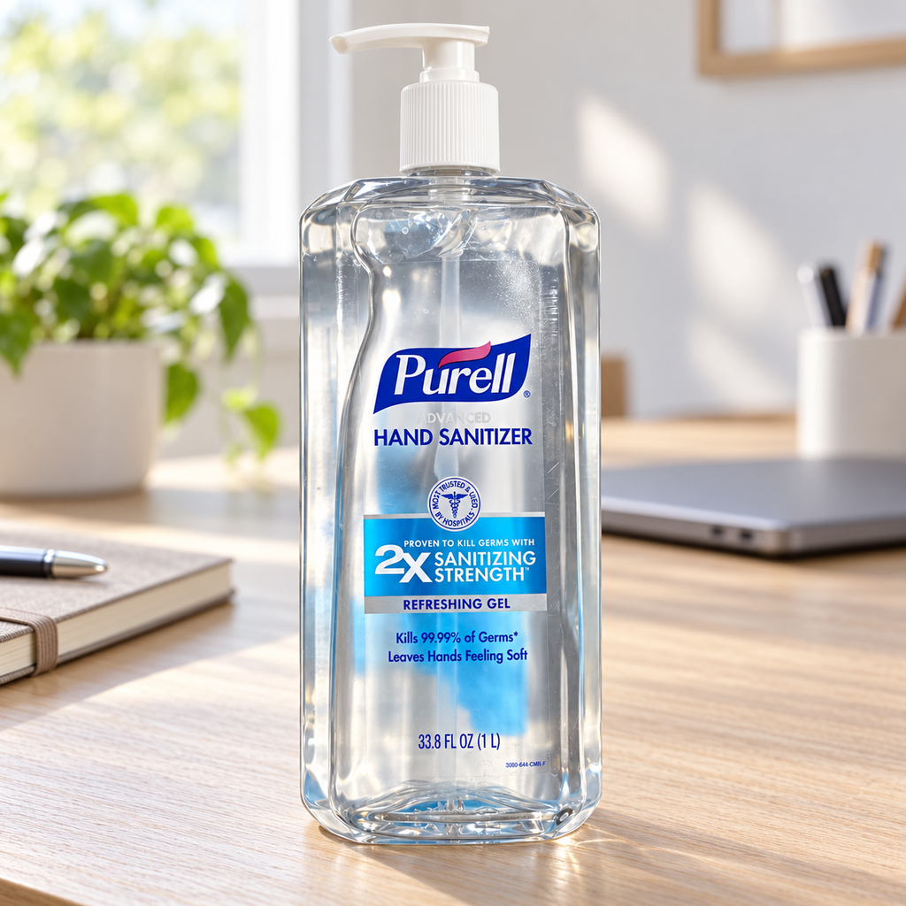 Illustrative home office setting with PURELL Refreshing Gel 1 L bottle; props not included