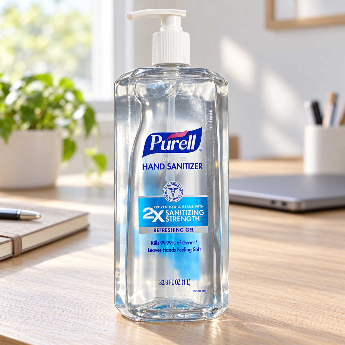 Illustrative home office setting with PURELL Refreshing Gel 1 L bottle; props not included