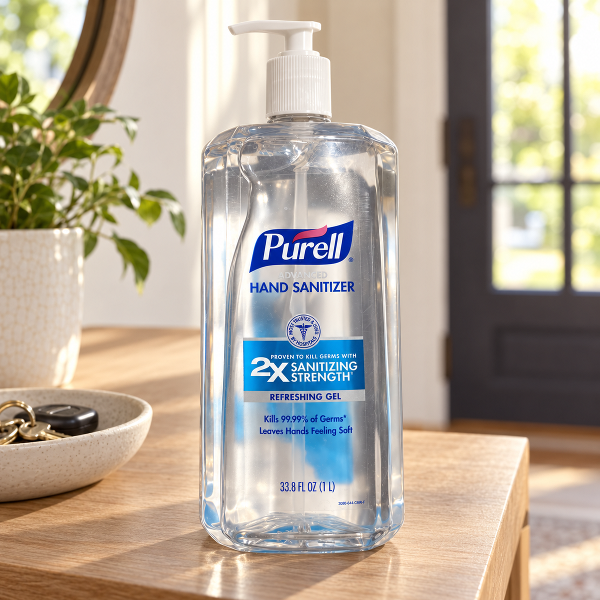 Illustrative entryway setting with PURELL Refreshing Gel 1 L bottle; props not included