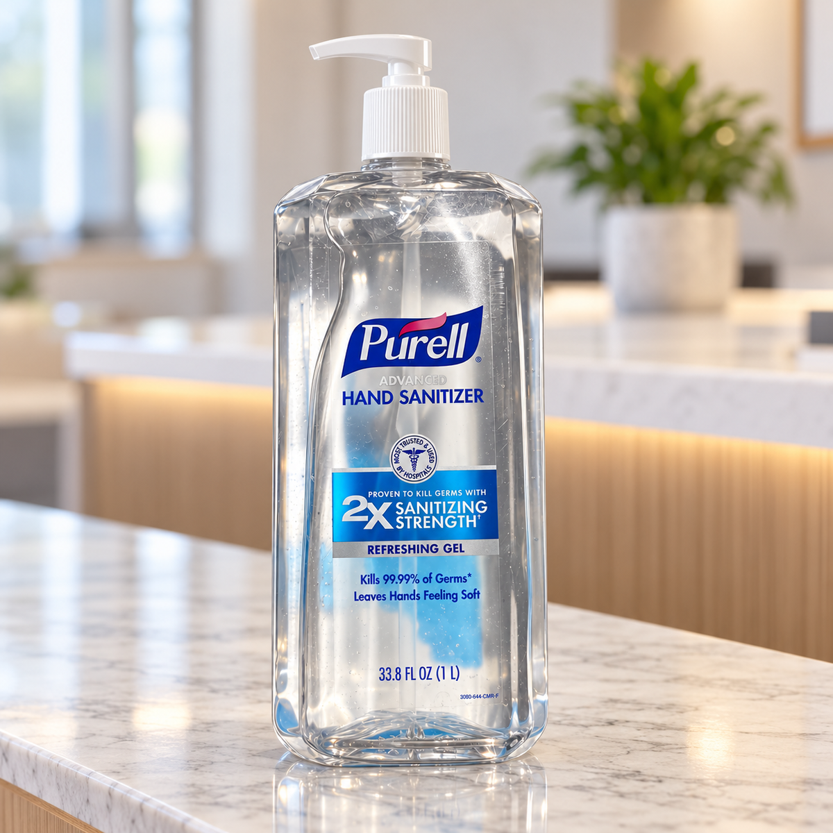 Illustrative reception setting with PURELL Refreshing Gel 1 L bottle; props not included