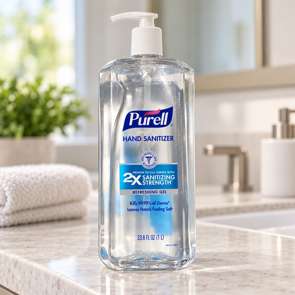 Illustrative vanity setting with PURELL Refreshing Gel 1 L bottle; props not included