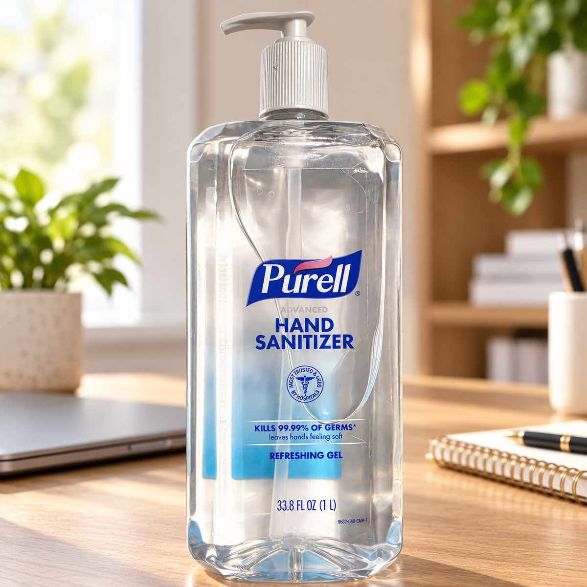 Illustrative office desk setting with PURELL Advanced Refreshing Gel 1 L bottle; props not included