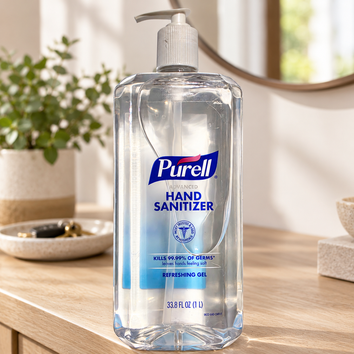Illustrative entryway setting with PURELL Advanced Refreshing Gel 1 L bottle; props not included
