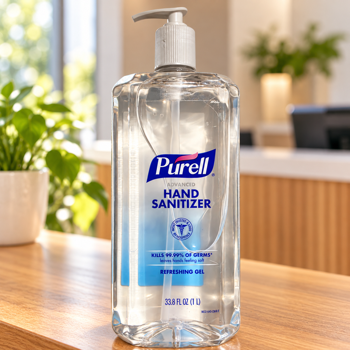 Illustrative reception setting with PURELL Advanced Refreshing Gel 1 L bottle; props not included