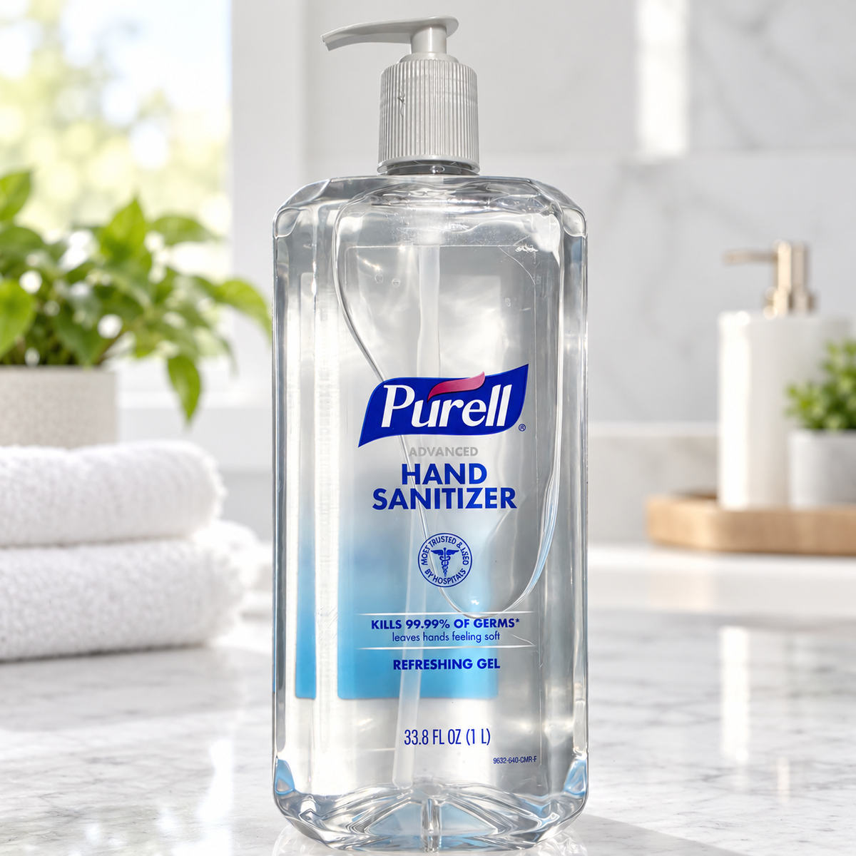 Illustrative bathroom vanity setting with PURELL Advanced Refreshing Gel 1 L bottle; props not included