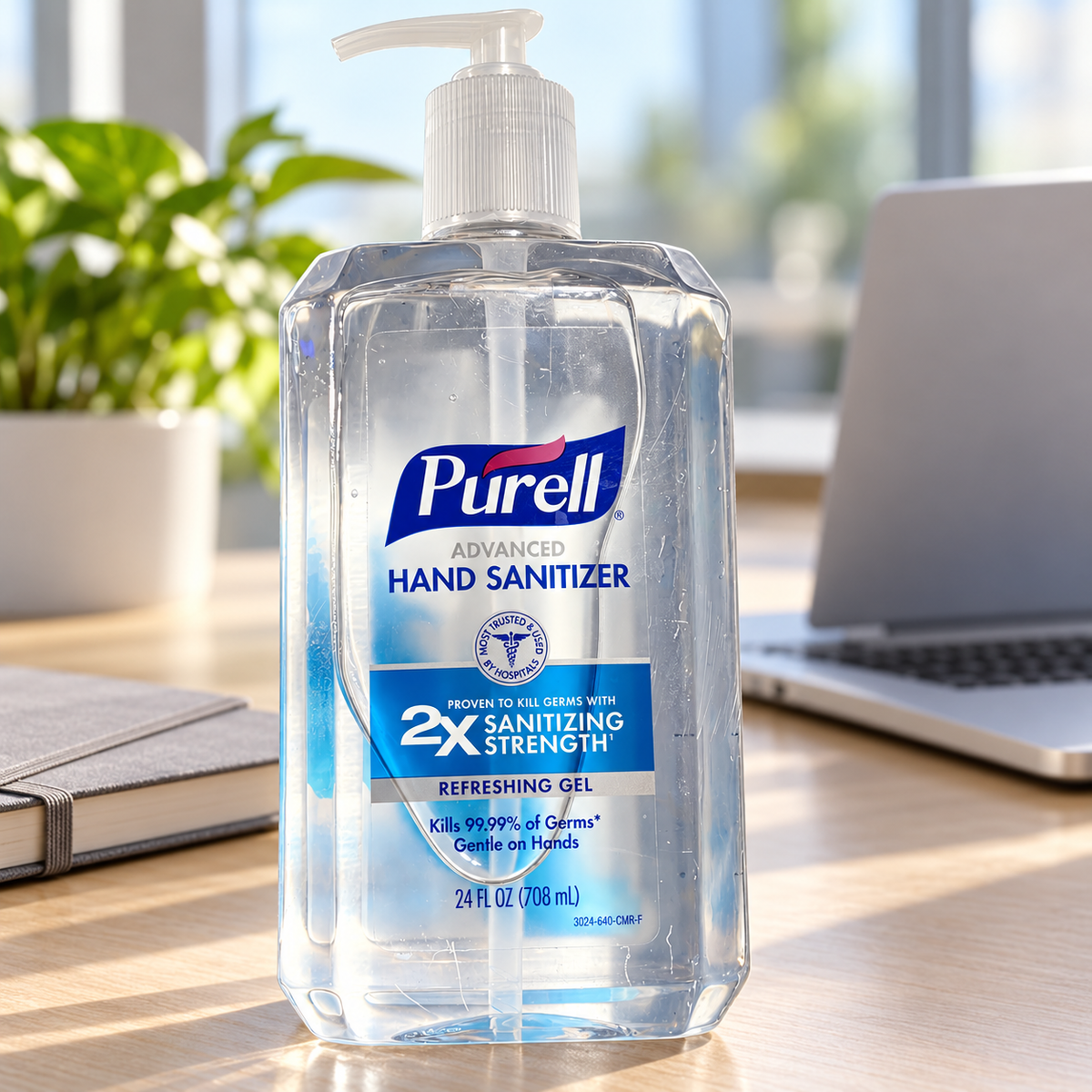 Illustrative desk setting with PURELL 24 fl oz bottle; props not included