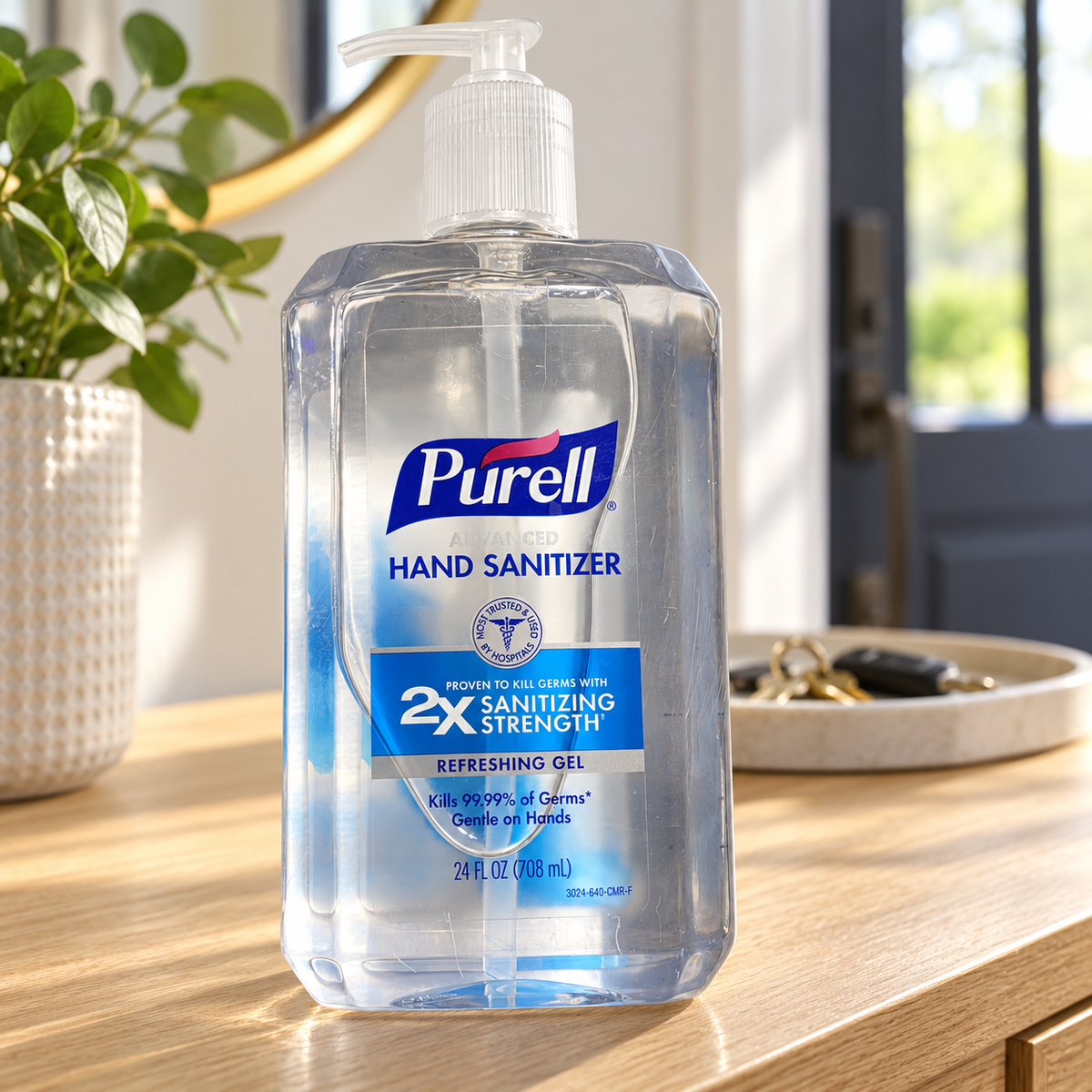 Illustrative entryway setting with PURELL 24 fl oz bottle; props not included
