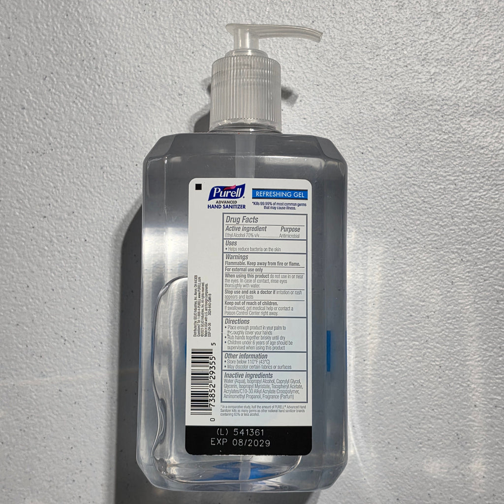 Actual PURELL 24 fl oz back label, UPC and August 2029 expiration