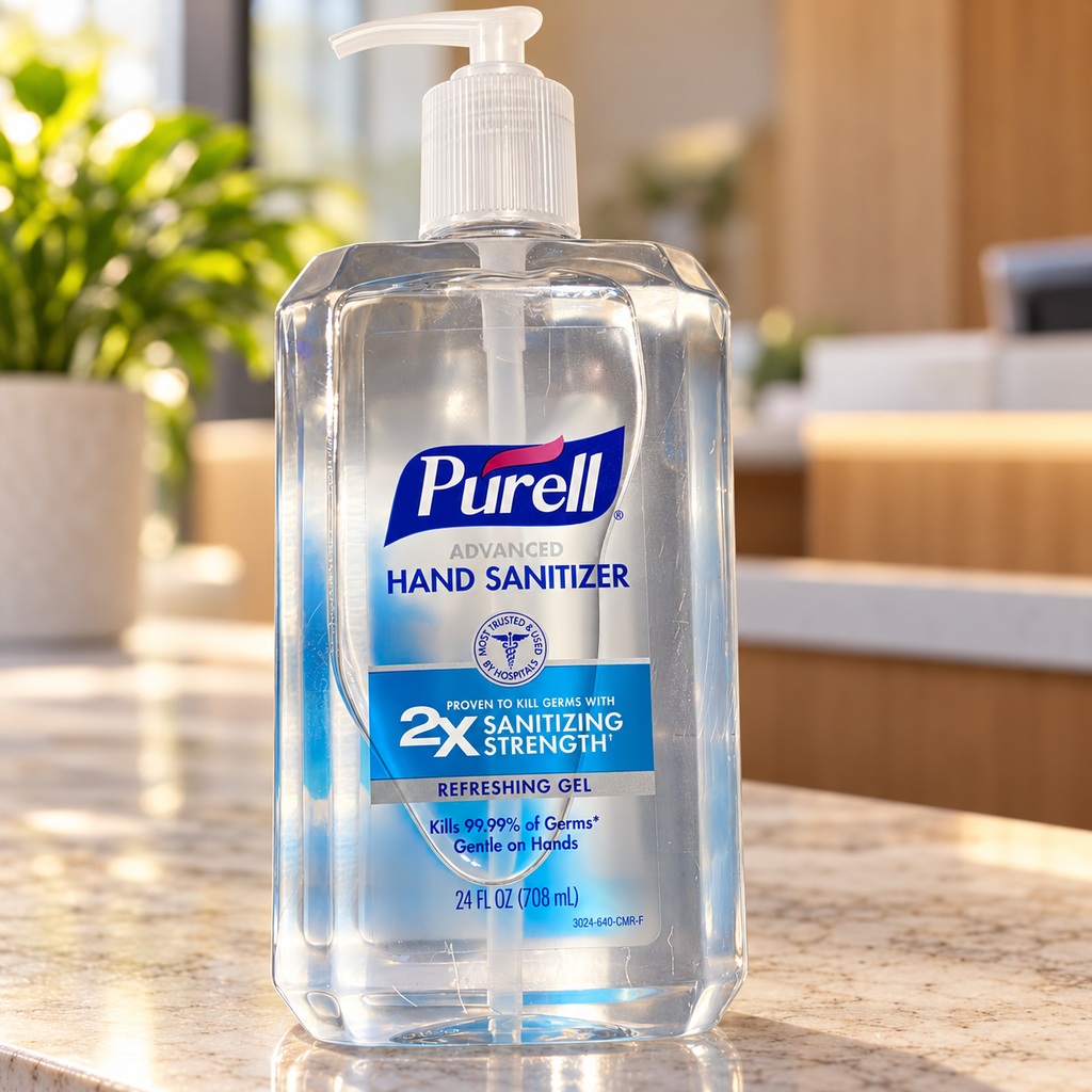 Illustrative reception setting with PURELL 24 fl oz bottle; props not included