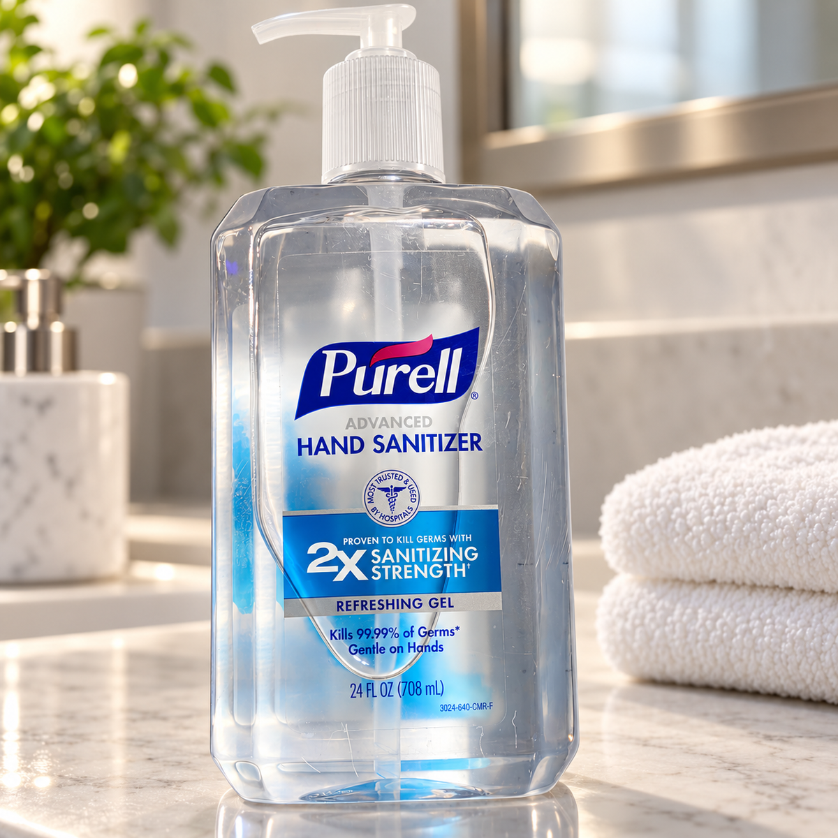 Illustrative vanity setting with PURELL 24 fl oz bottle; props not included