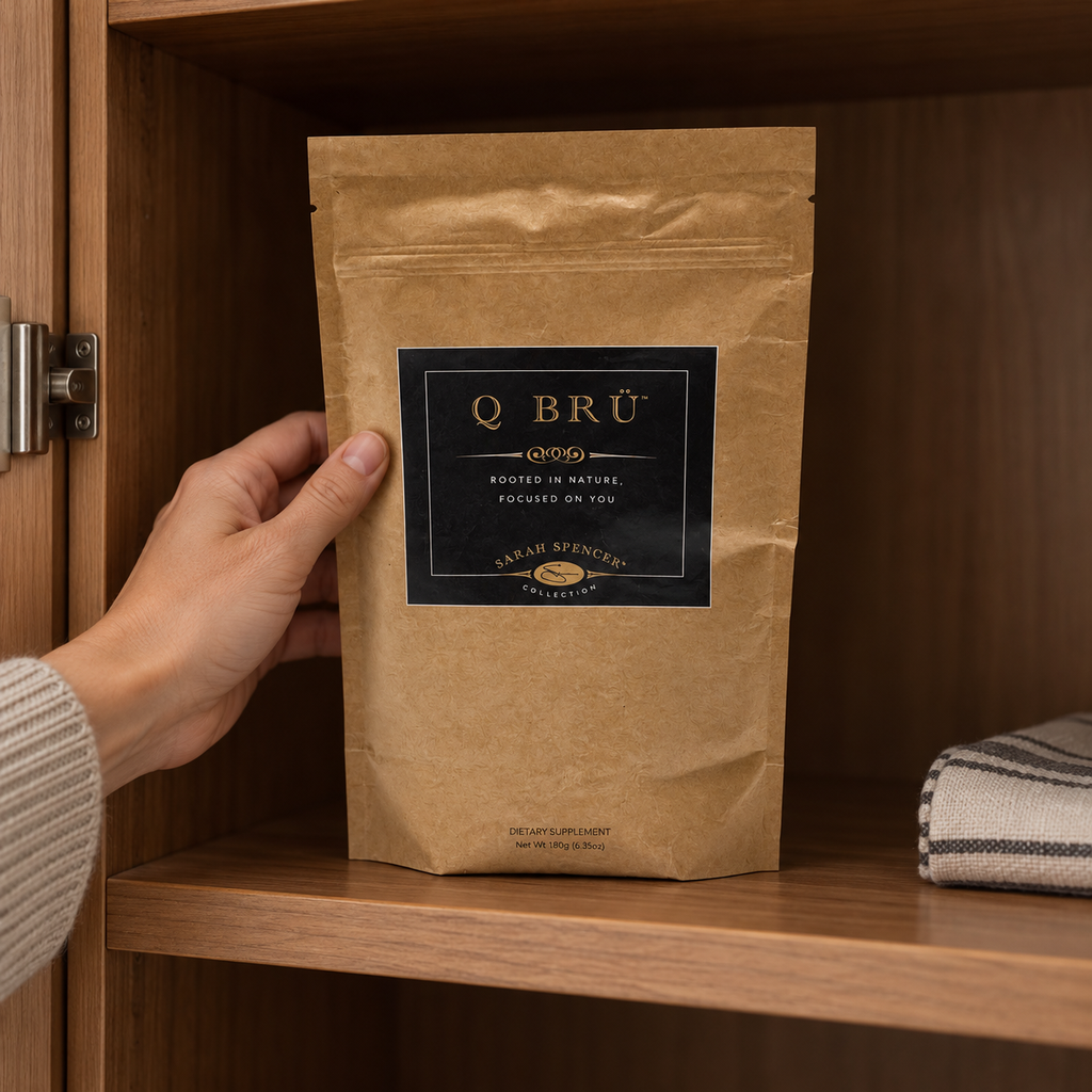 Q BRÜ pouch being placed on a shaded kitchen cabinet shelf