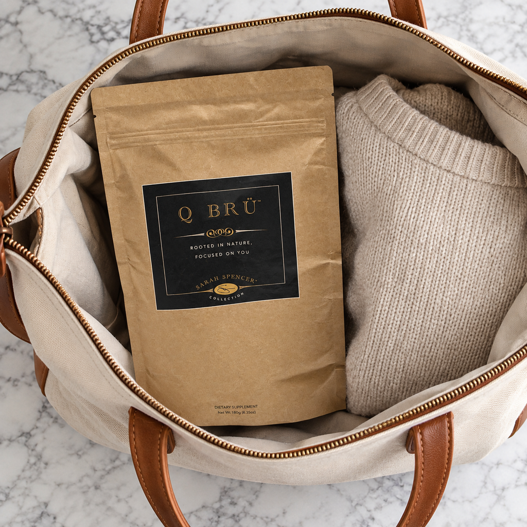 Closed Q BRÜ pouch packed beside a sweater in a weekend tote
