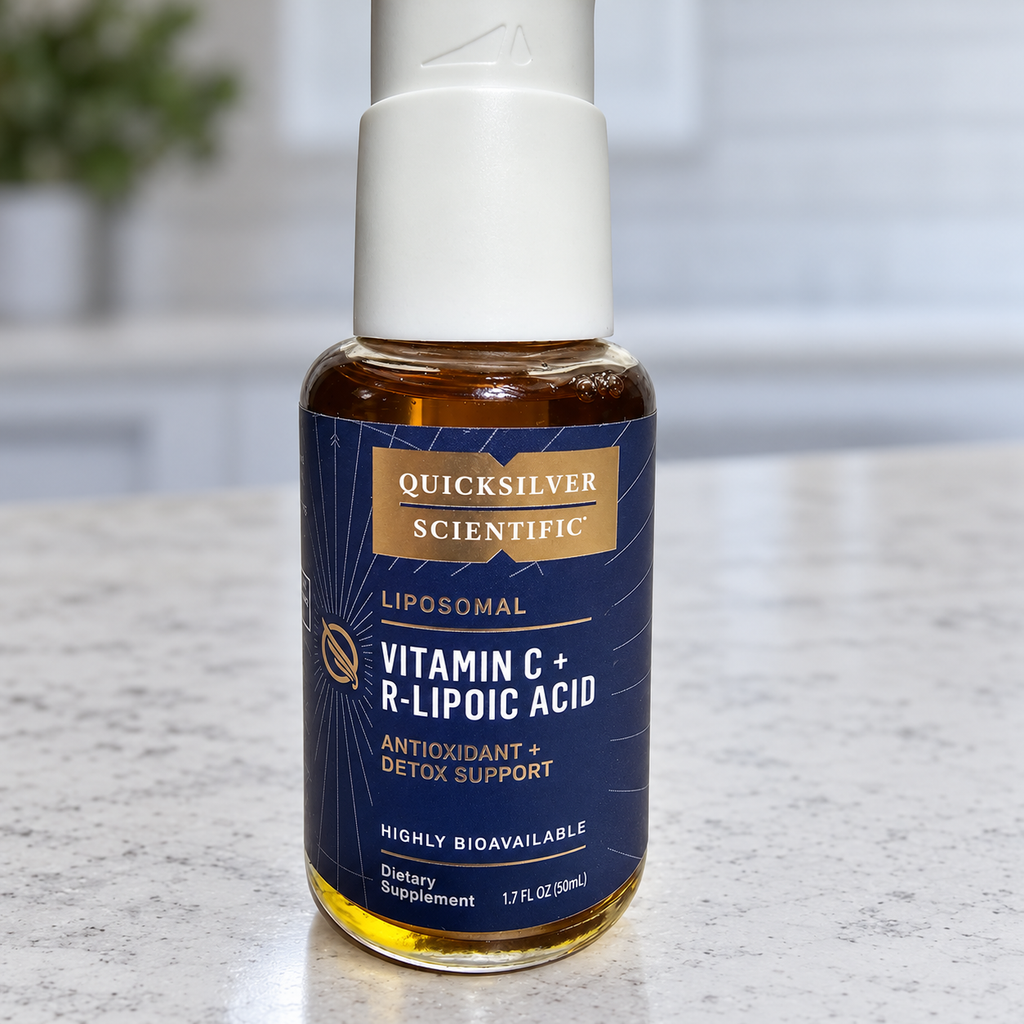 Quicksilver Scientific Vitamin C and R-Lipoic Acid 50 mL bottle in a kitchen setting