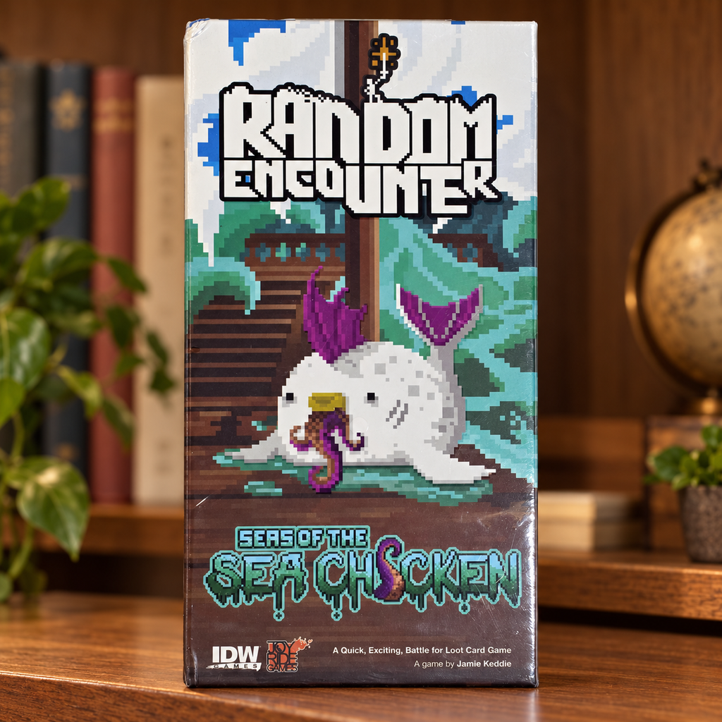 AI-generated lifestyle scene of one closed Random Encounter Seas of the Sea Chicken game box in a game shelf setting. Props not included.