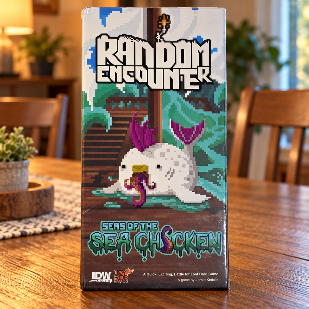 AI-generated lifestyle scene of one closed Random Encounter Seas of the Sea Chicken game box in a game table setting. Props not included.