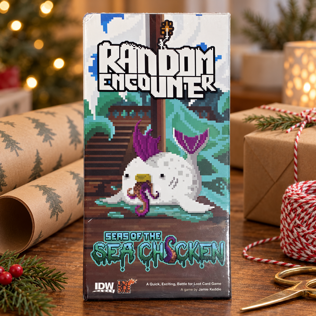 AI-generated lifestyle scene of one closed Random Encounter Seas of the Sea Chicken game box in a gift table setting. Props not included.
