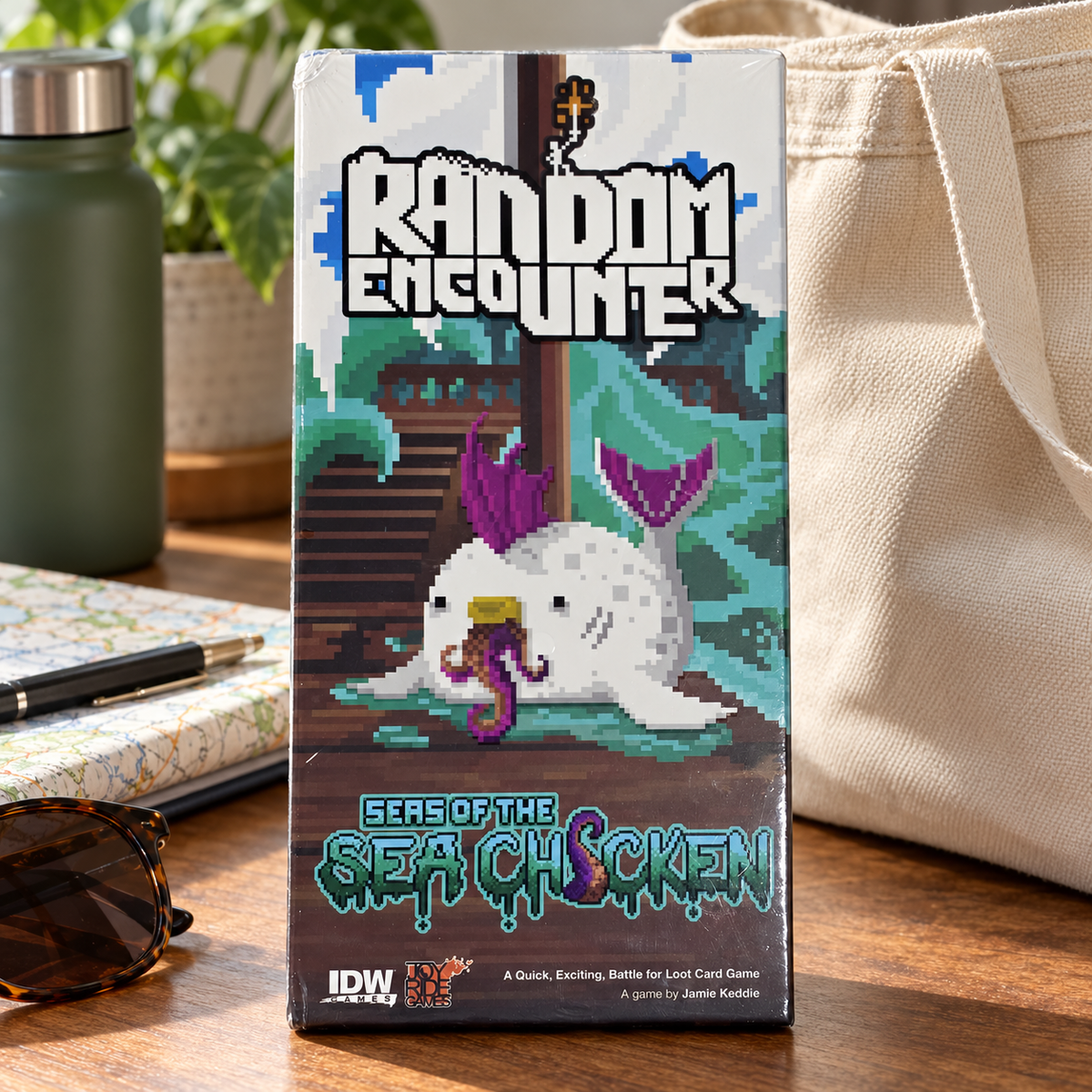 AI-generated lifestyle scene of one closed Random Encounter Seas of the Sea Chicken game box in a travel preparation setting. Props not included.